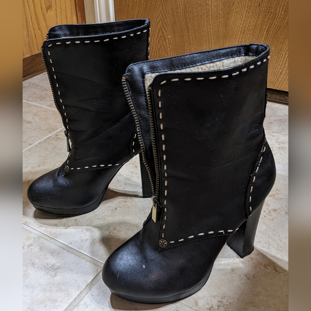 Chunky Black Zip-front High Heeled Boots/Booties with Faux Fur